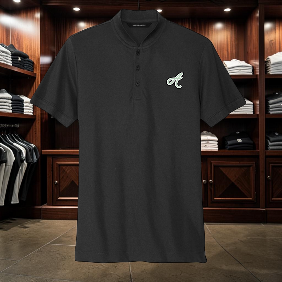 ADAPT black stretch pique mock collar henley shirt with moisture-wicking fabric and three-button placket